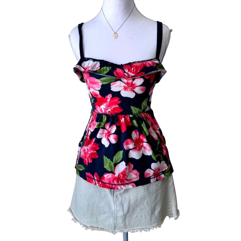 Hollister Y2K Babydoll Top Cami Floral Navy Hibiscus Ruffle‎ Peplum Vintage XS